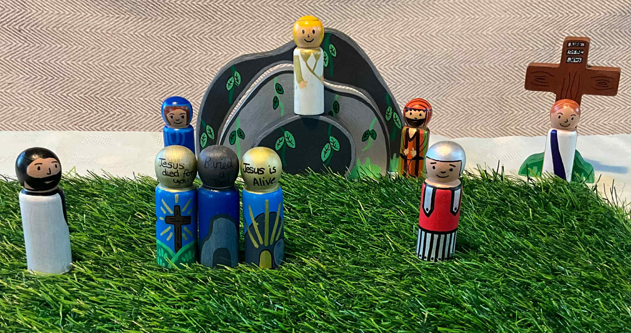 Easter story peg doll set with wooden cross and tomb
